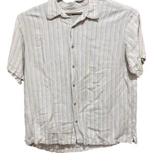 Alfani Shirt Men XXL Beige Green Blue Linen Stripe Rayon Button Up Short Sleeves